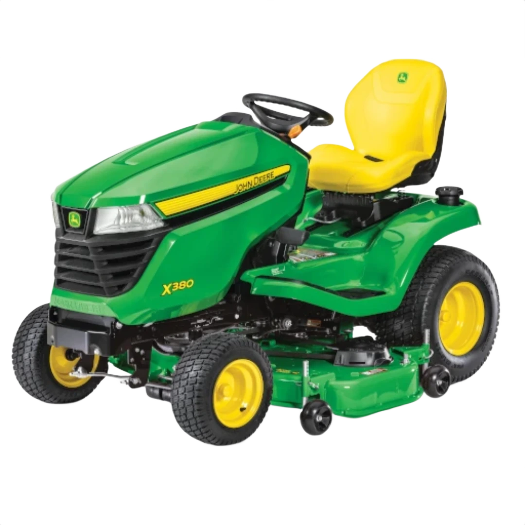 Green and yellow riding lawn tractor with comfortable seat and 48-inch mowing deck for home improvement tasks