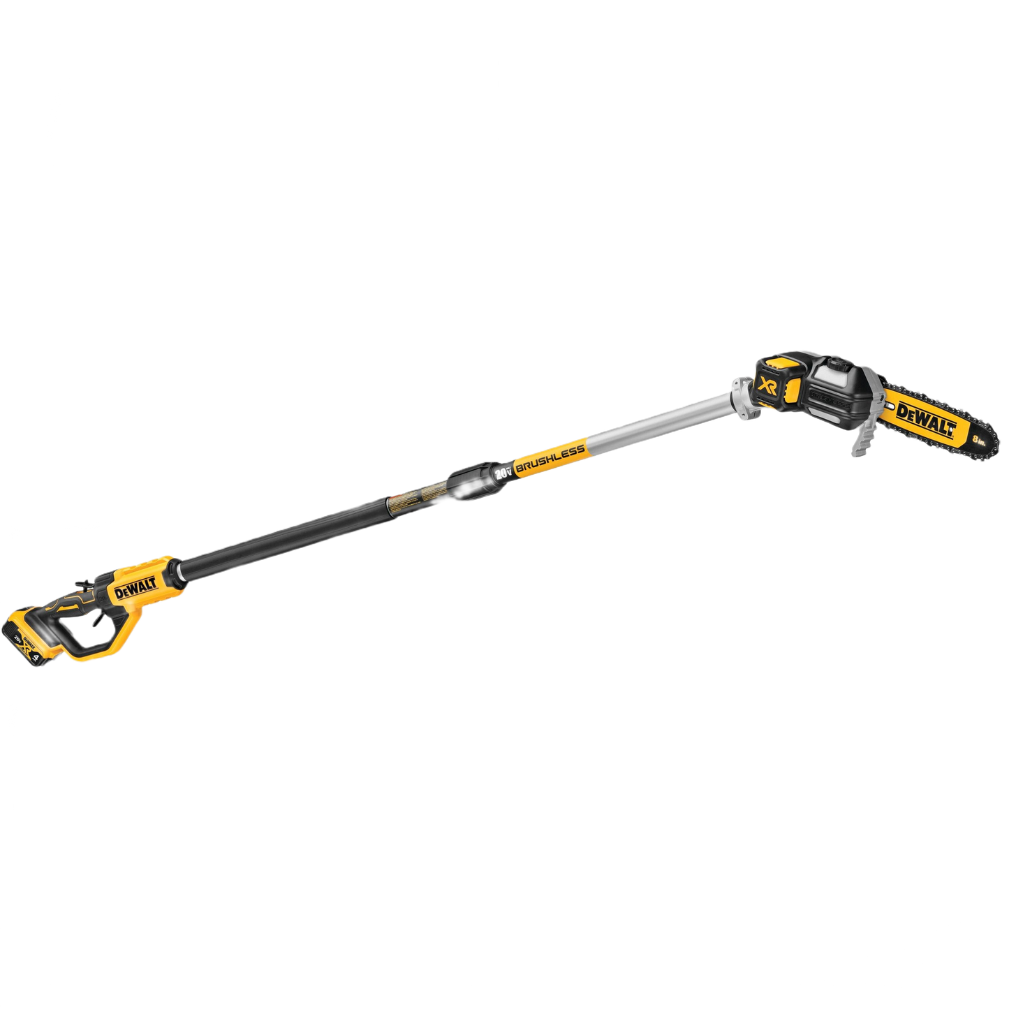 Cordless brushless pole saw in yellow and black with adjustable extension for tree trimming and home improvement tasks