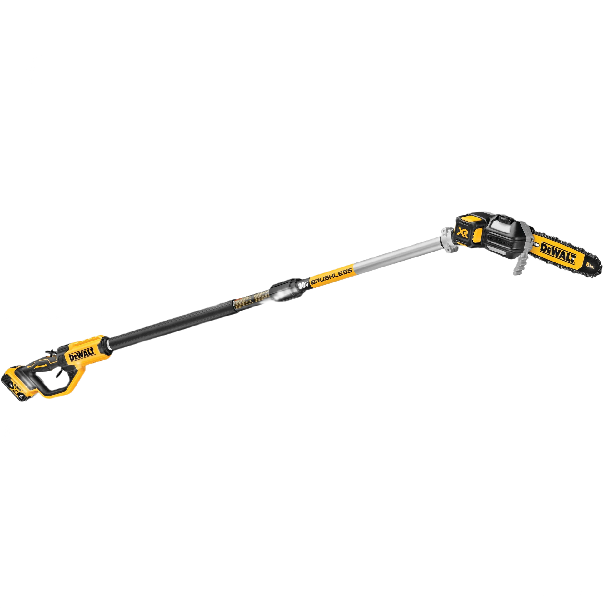 Cordless brushless pole saw in yellow and black with adjustable extension for tree trimming and home improvement tasks
