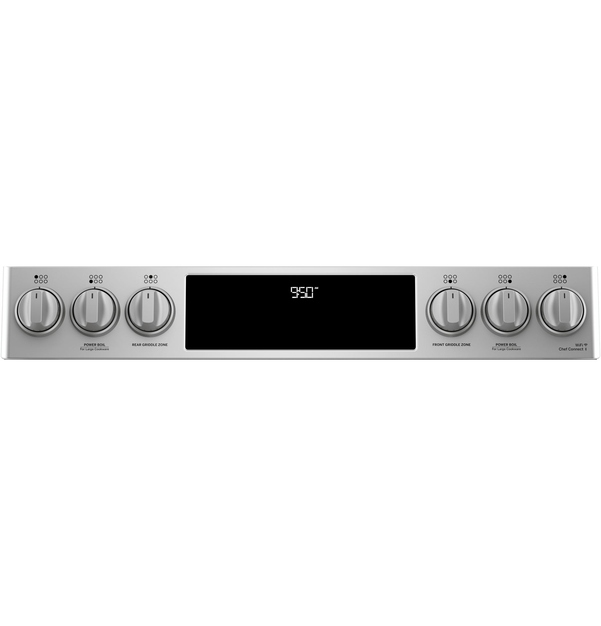 Stainless steel control panel with six knobs and digital temperature display for slide-in dual-fuel range in kitchen collection