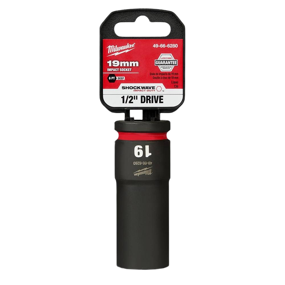 Milwaukee 19mm deep impact socket with 6-point design for use with 1/2" drive tools in hand and woodworking collections