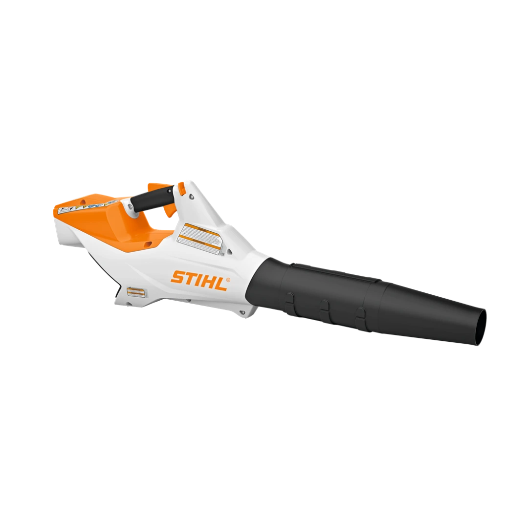 Cordless handheld blower with ergonomic grip and durable white and orange housing for outdoor home improvement tasks