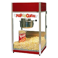 Commercial popcorn machine with clear tempered glass and heated corn deck, ideal for party equipment and rental concessions.