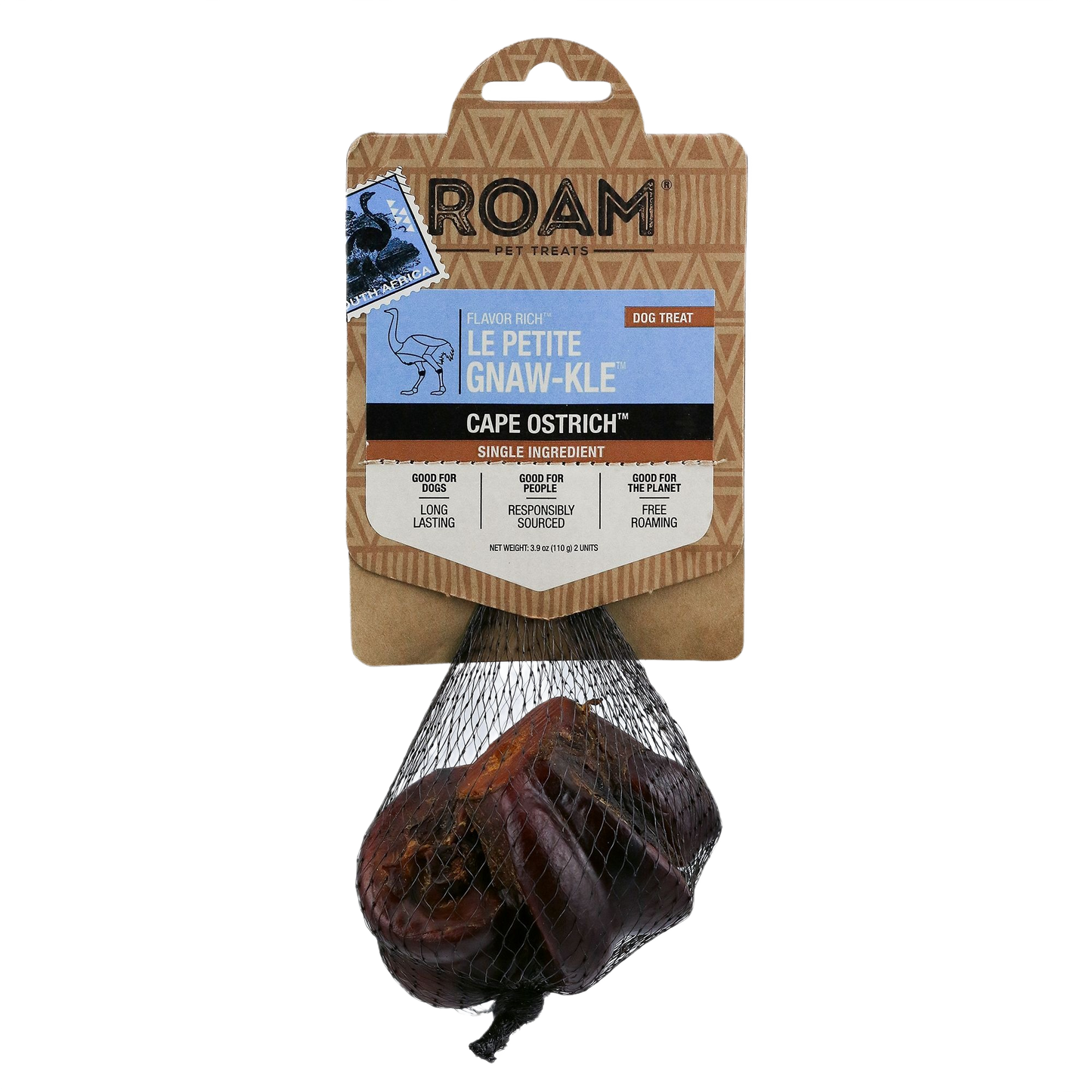 Roam Cape Ostrich dog treat in mesh bag with cardboard label for pet snacks under $50 and farm & pet collections