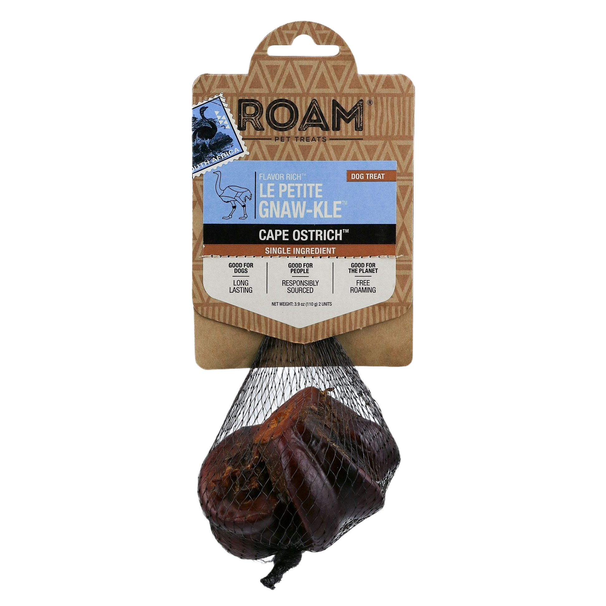 Roam Cape Ostrich dog treat in mesh bag with cardboard label for pet snacks under $50 and farm & pet collections