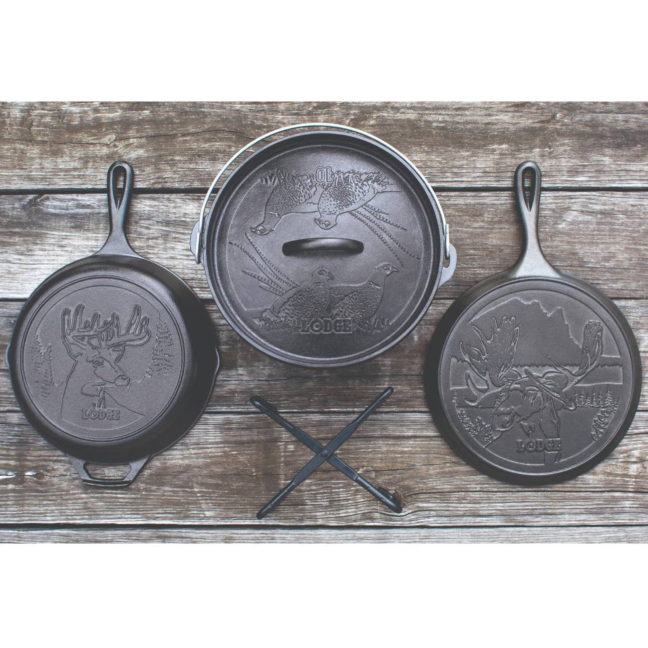Five-piece cast iron cookware set with nature-themed engravings for kitchenware and Lodge Cast Iron collections