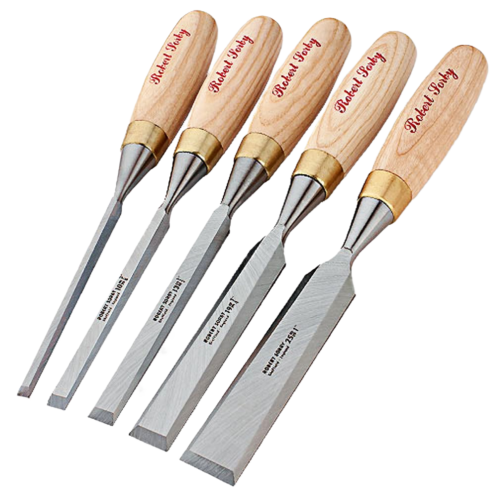 Set of five wooden-handled chisels with polished steel blades for home improvement woodworking tasks