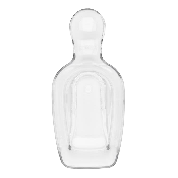 Clear plastic half-cup scoop designed for dry ingredient measuring in kitchenware and food storage collections.