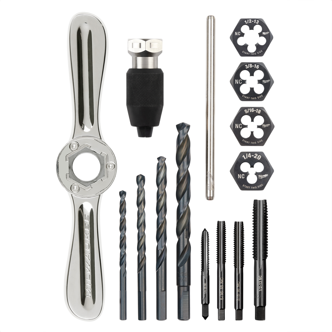 15-piece Milwaukee SAE tap and die set with Hex-LOK handle and drill bits for tool accessories and home improvement tasks