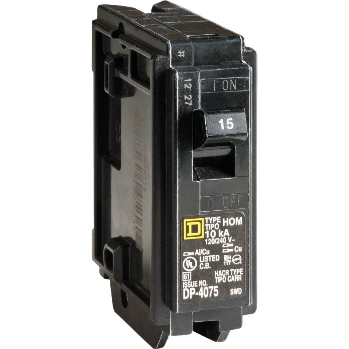 Black 15 amp single-pole circuit breaker with toggle switch for tools and home improvement use