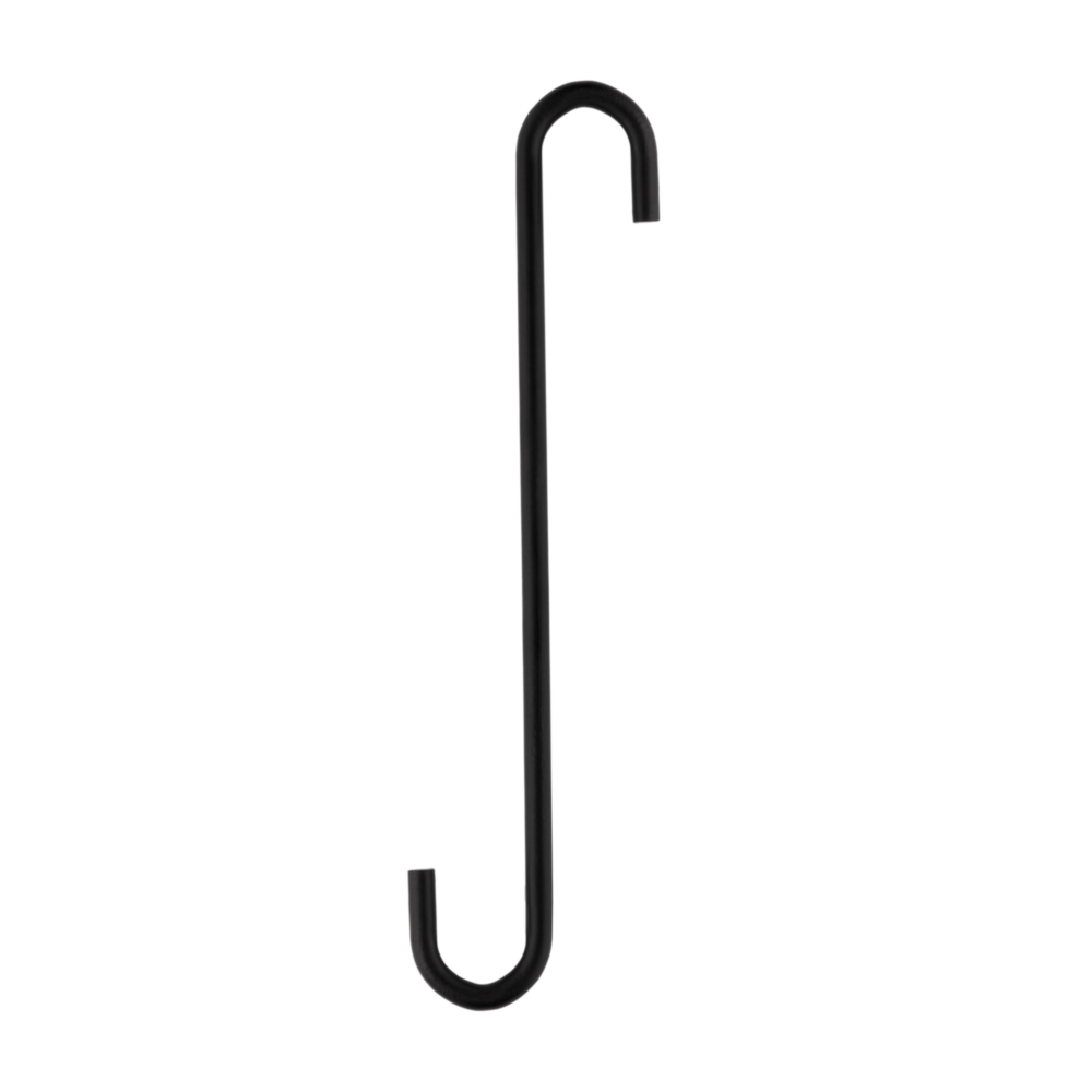 8-inch black steel large S-hook with modern design for hanging plants in tools and home improvement applications
