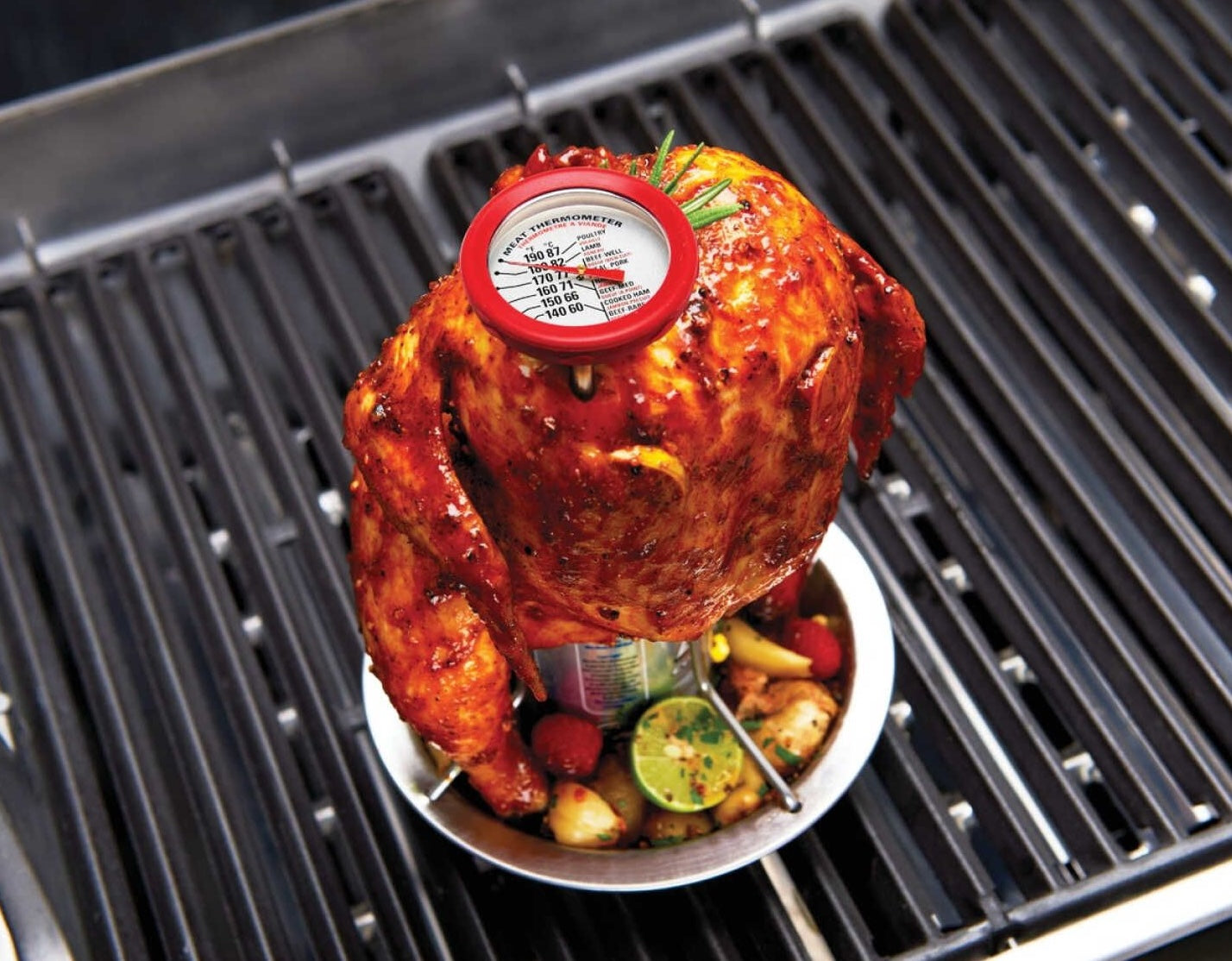GrillPro stainless steel meat thermometer with red bezel inserted into grilled whole chicken for cooking accuracy