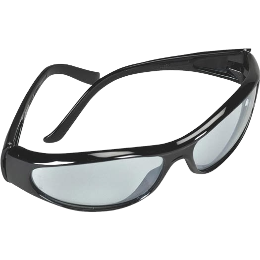Black frame safety glasses with light blue mirrored anti-fog lenses, designed for protective eyewear in hardware and safety gear collections.