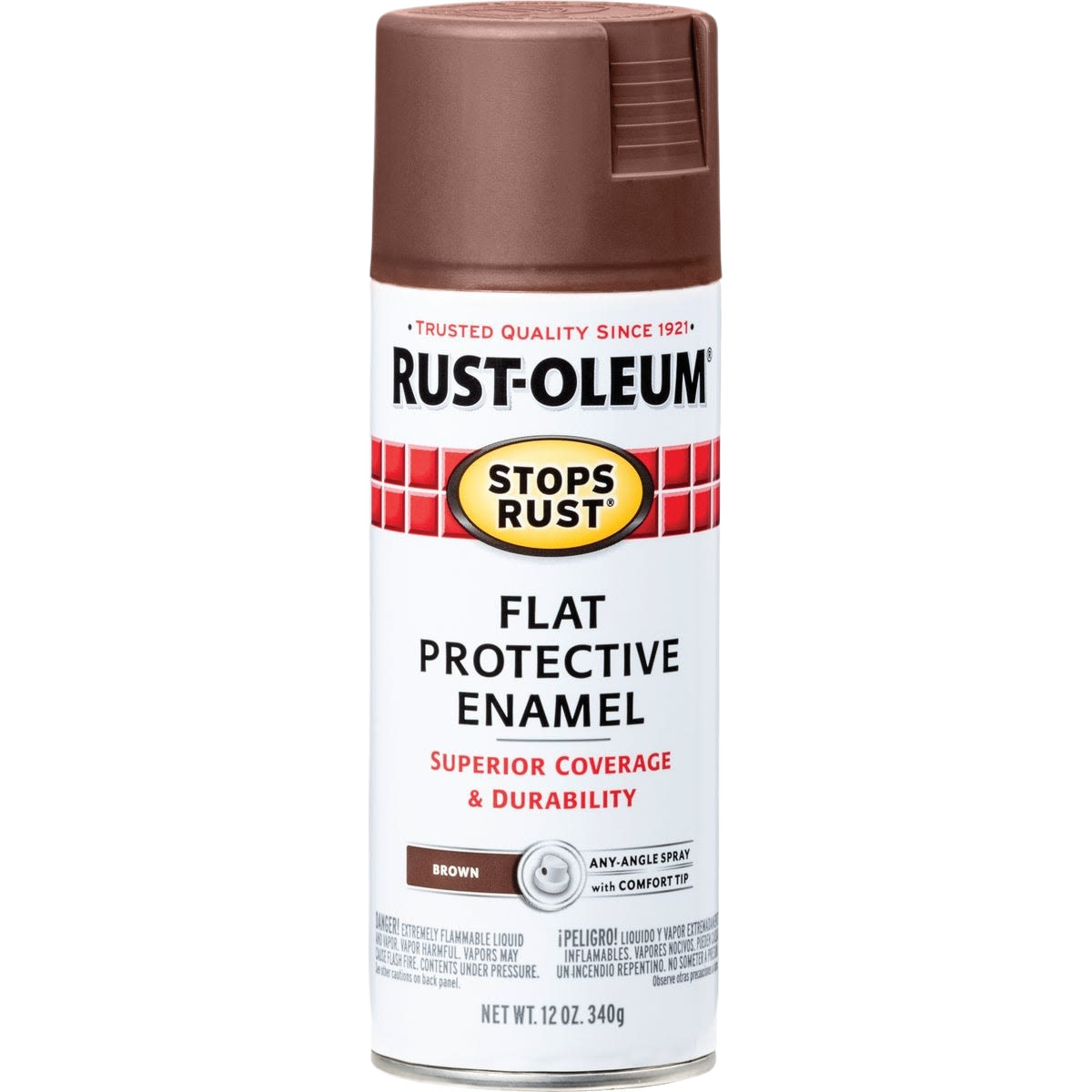 Brown flat protective enamel spray can from Rust-Oleum for durable home improvement and paint supplies collections