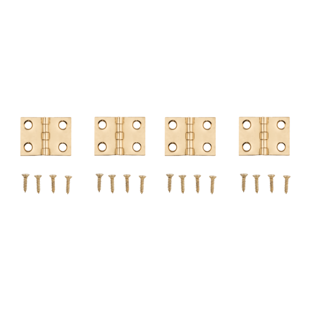 Set of four small brass decorative hinges with matching screws for crafts, jewelry boxes, and home improvement projects