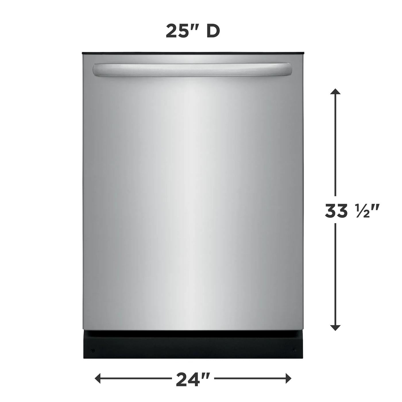 Front view of stainless steel built-in dishwasher showing dimensions for kitchen appliances and home improvement collections.