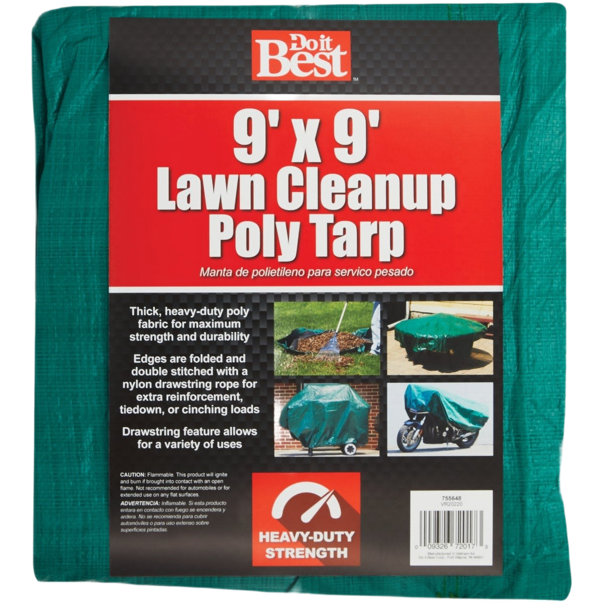Green heavy-duty poly fabric tarp sized 9 by 9 feet for lawn cleanup and multiple outdoor uses