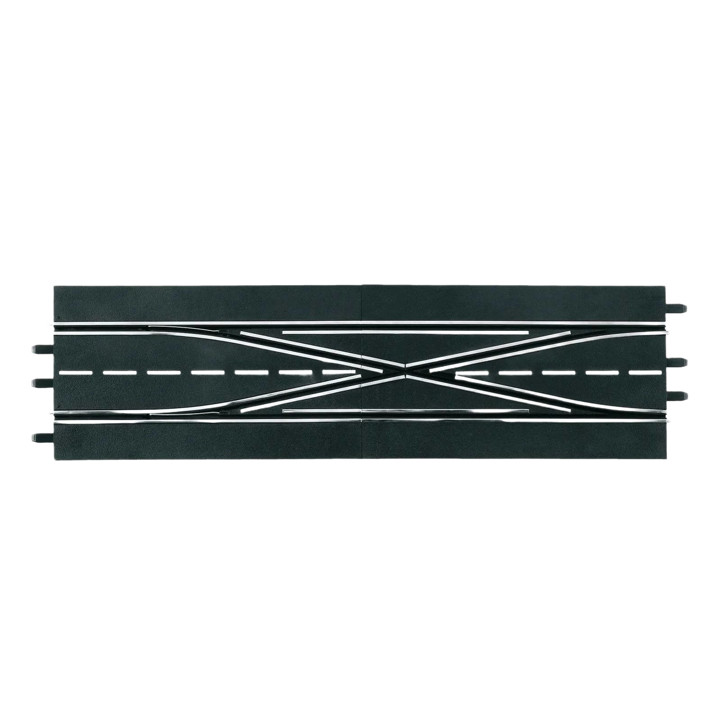 Black and gray plastic slot car track section with double crossover lanes for racing and home improvement setups