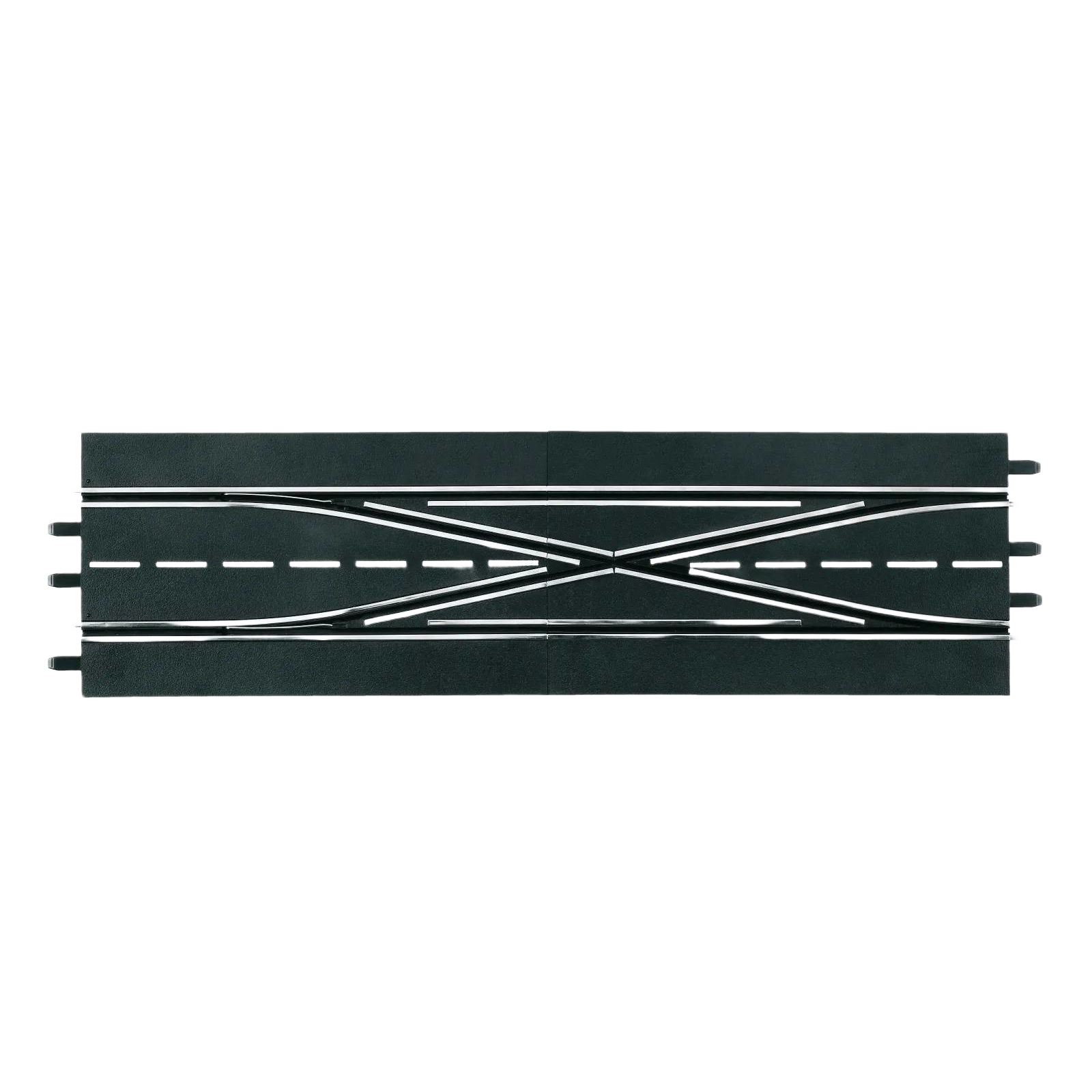 Black and gray plastic slot car track section with double crossover lanes for racing and home improvement setups