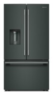 Sleek black French door refrigerator featuring bottom freezer and exterior water and ice dispenser in kitchen appliance collection