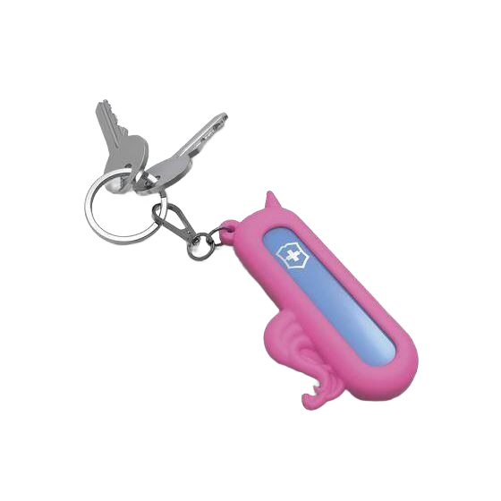 Compact pink silicone protective case with unicorn design and metal keyring for small Swiss Army tools and accessories