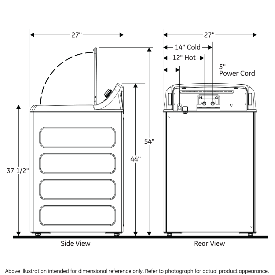 Technical line drawing showing side and rear views with dimensions of a top load washer from washers and appliances collection