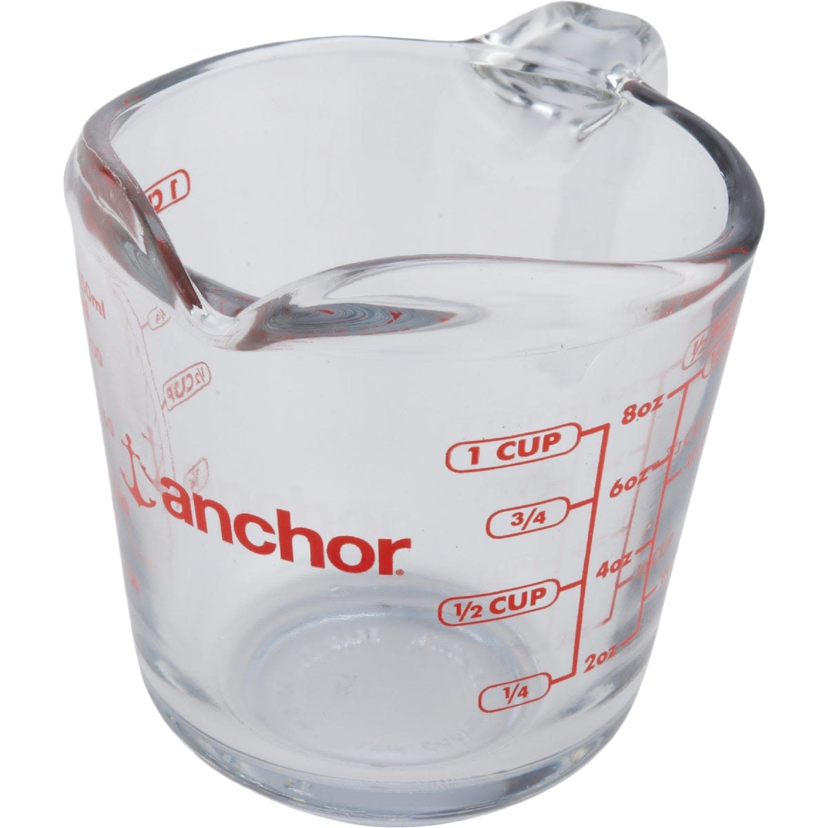 Clear glass measuring cup with red metric markings and open handle for kitchenware and cooking tools collections