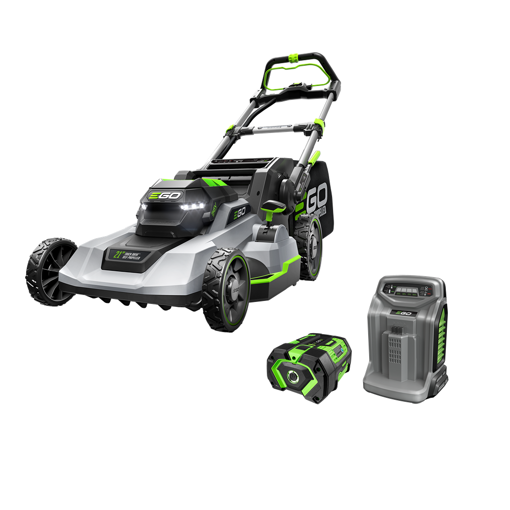 Self-propelled green and black cordless mower with battery and charger for outdoor power tools and lawn care
