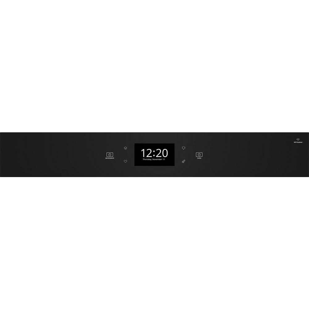 Digital control panel with clock display and touch icons on black stainless steel wall oven microwave combo