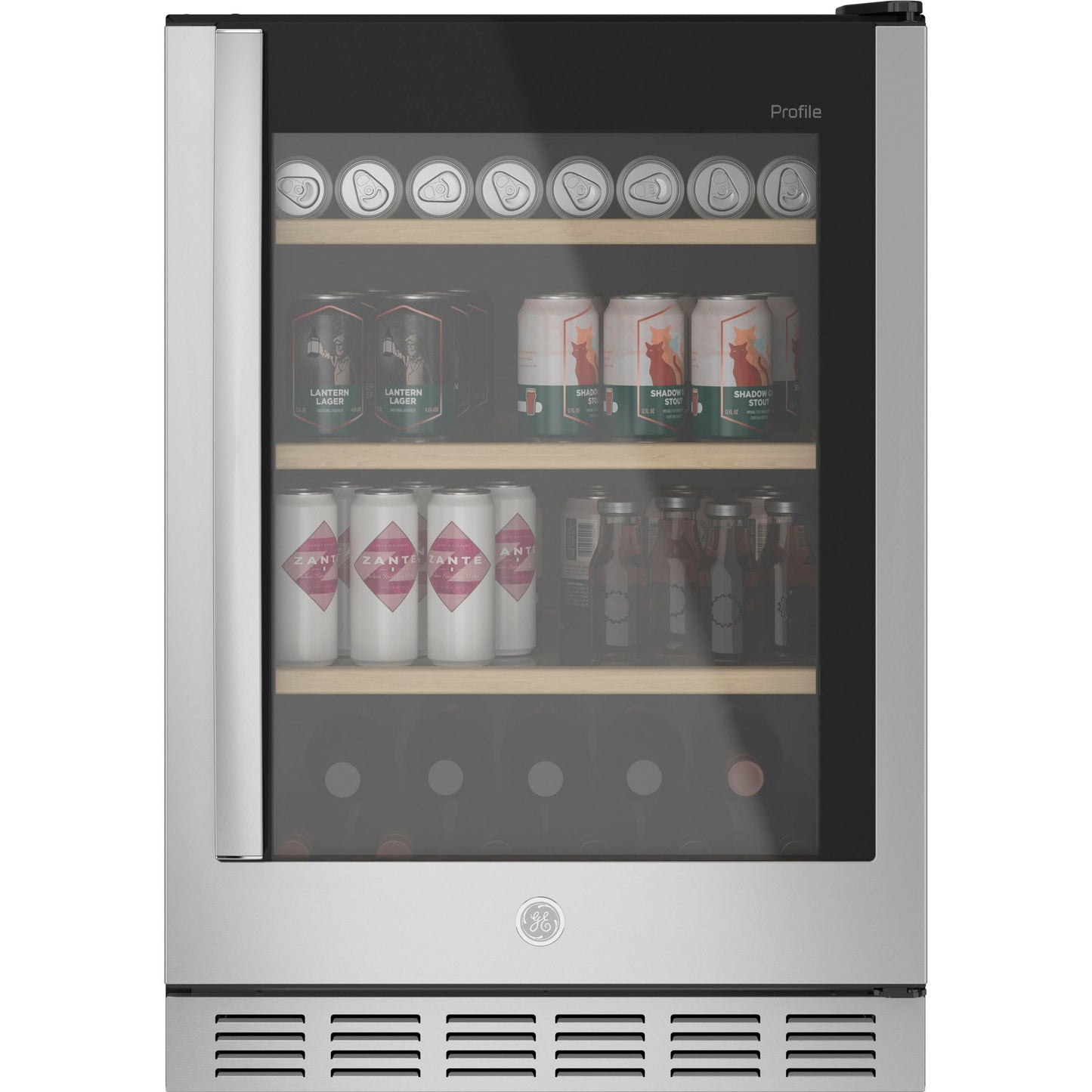 Stainless steel beverage center with glass door, wooden shelving, and built-in ventilation in Appliances collection