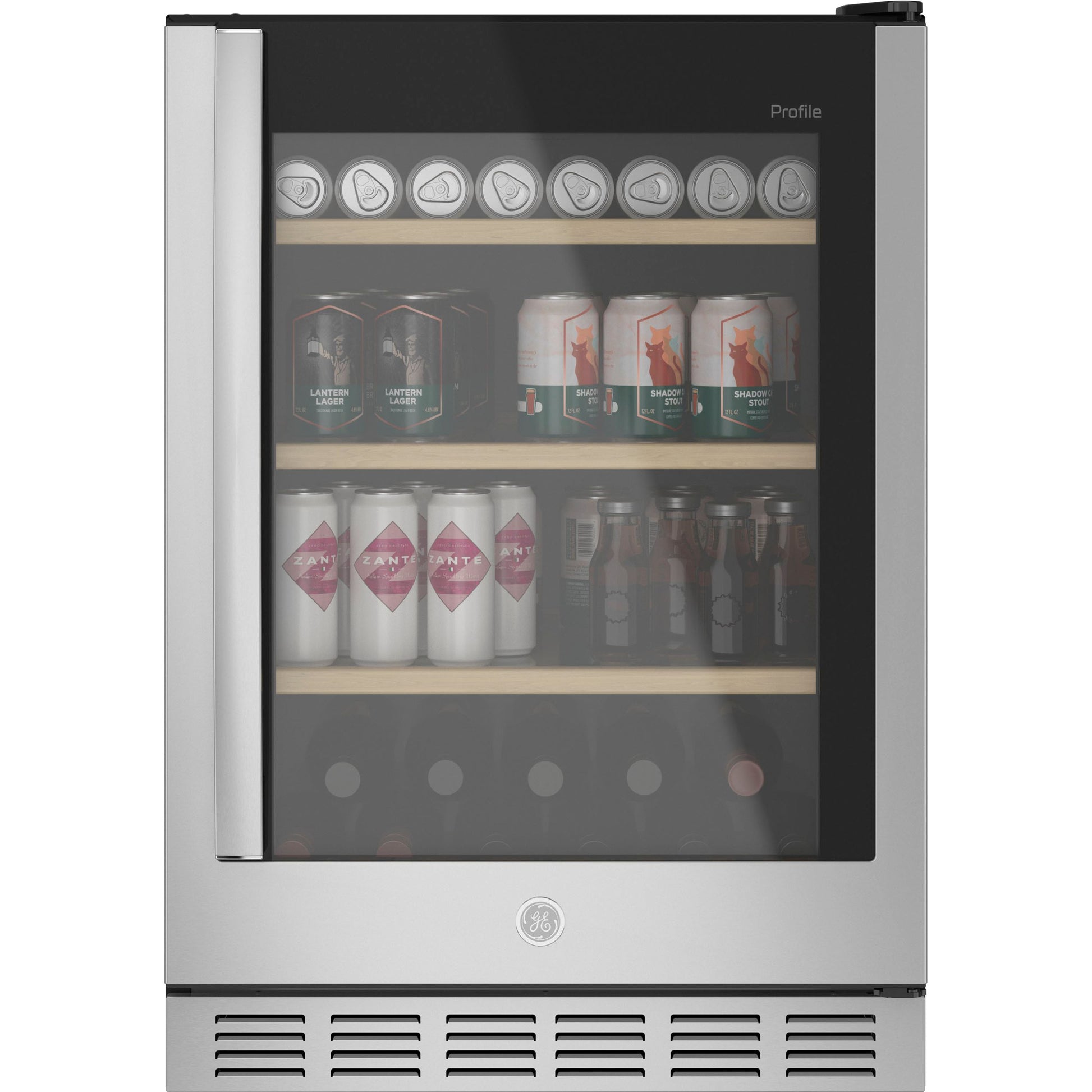Stainless steel beverage center with glass door, wooden shelving, and built-in ventilation in Appliances collection