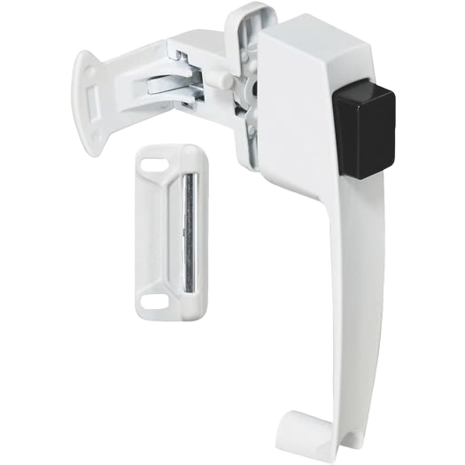 White push button latch with mounting plate for wood or metal screen and storm door hardware accessories