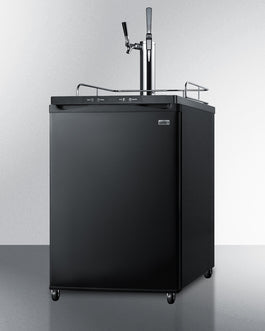 Black freestanding coffee kegerator with dual taps and protective rails for kitchen and appliance collections