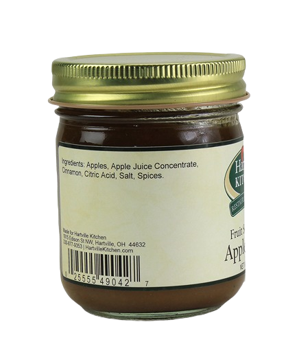 Glass jar of Hartville Kitchen sugarless apple butter with ingredients and barcode in jams and jellies under $25 collection