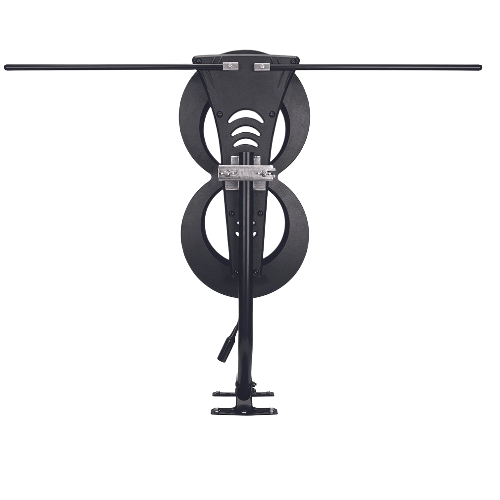 Black HDTV antenna with figure-eight design and adjustable mounting mast for enhanced home television signal reception