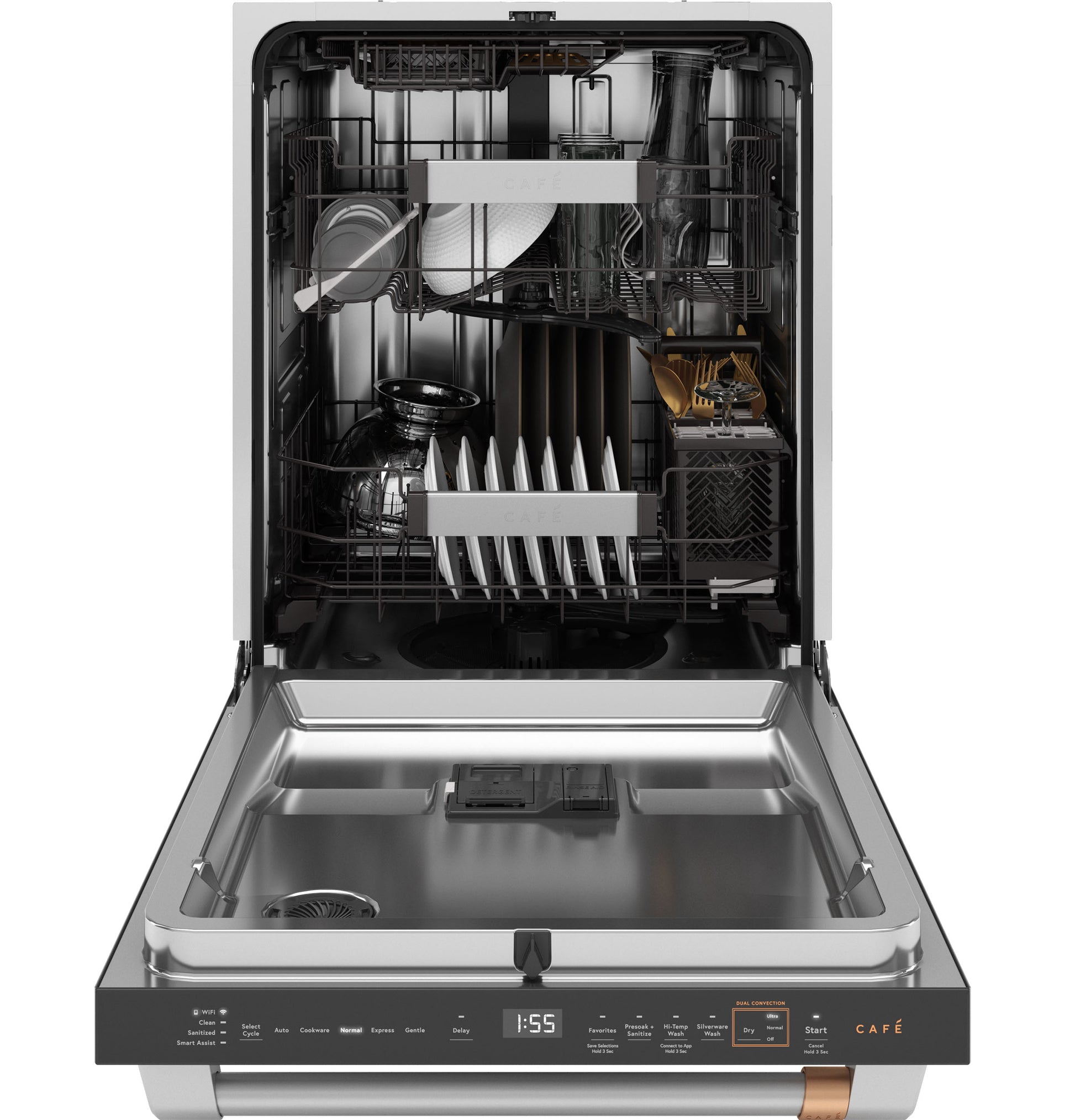 Open stainless steel dishwasher with LED lights, Ultra Wash top rack, and dual convection drying in Built-in Dishwashers collection