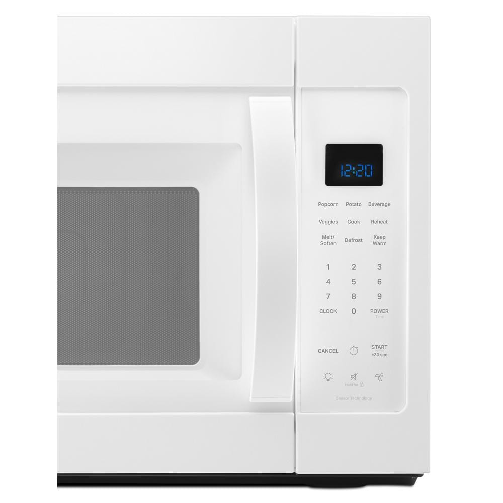 Close-up of white over the range microwave control panel featuring sensor cooking options and digital clock display