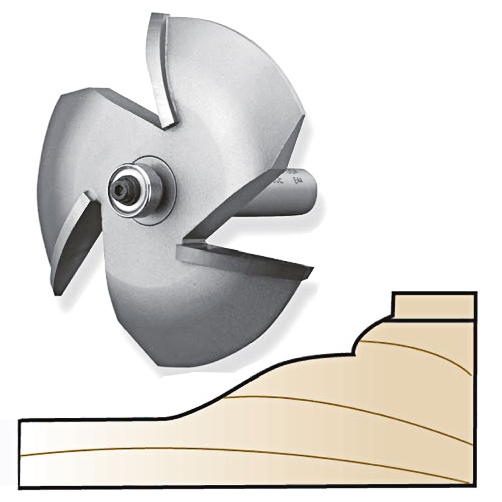 Metal 3-wing ogee bead raised panel router bit with cutting edges and wood profile for power tool accessories.