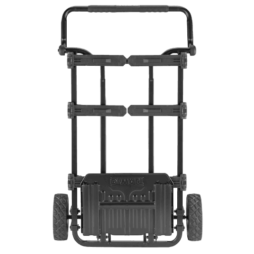 Black durable rolling carrier with oversized wheels and reinforced handle for transporting tool storage cases on job sites