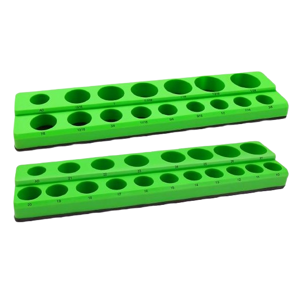 Pair of bright green socket holders with labeled holes for organizing metric and SAE sockets in workshop storage collections