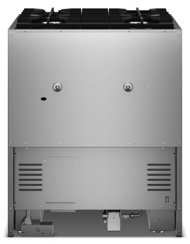rear view of stainless steel 30-inch dual fuel range with four gas burners in kitchen appliances collection