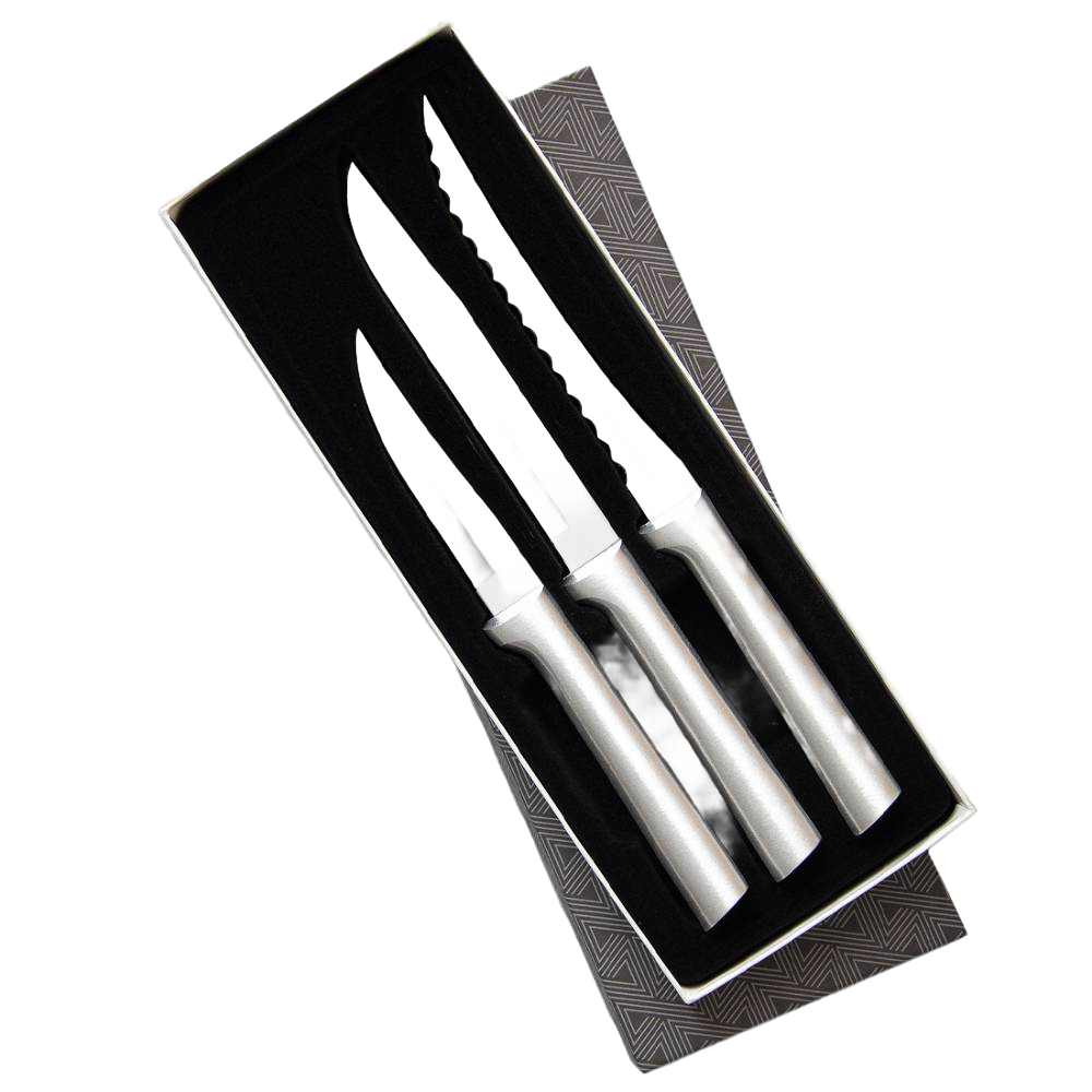 Set of three stainless steel kitchen knives with polished handles in black gift box, part of Cooking Utensils collection