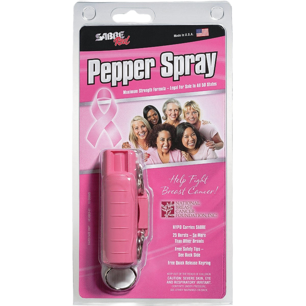 Compact pink pepper spray with keyring attachment packaged with breast cancer awareness information and support message