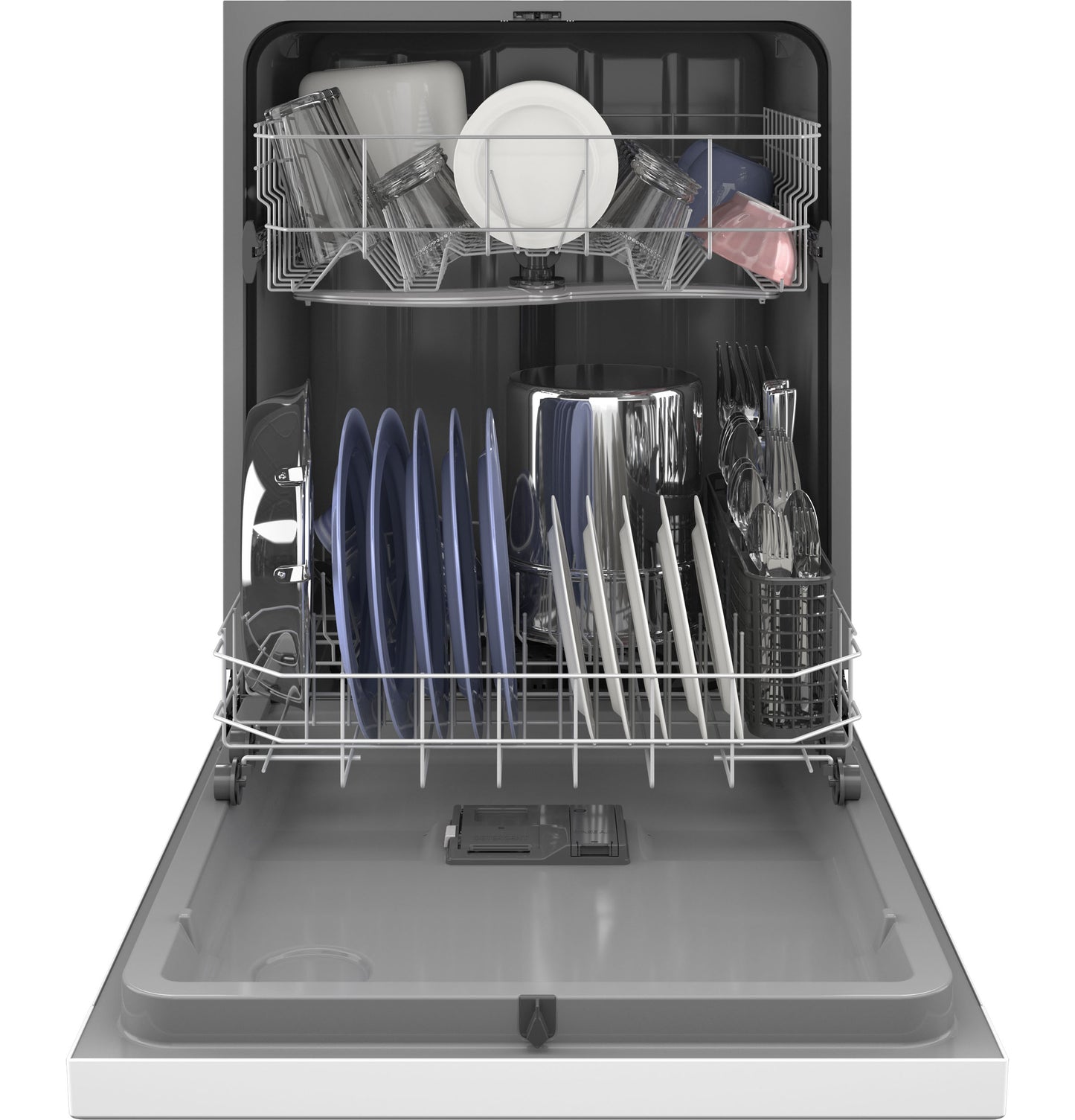 Open GE® dishwasher with front controls loaded with dishes, glasses, and utensils in kitchen appliances collection