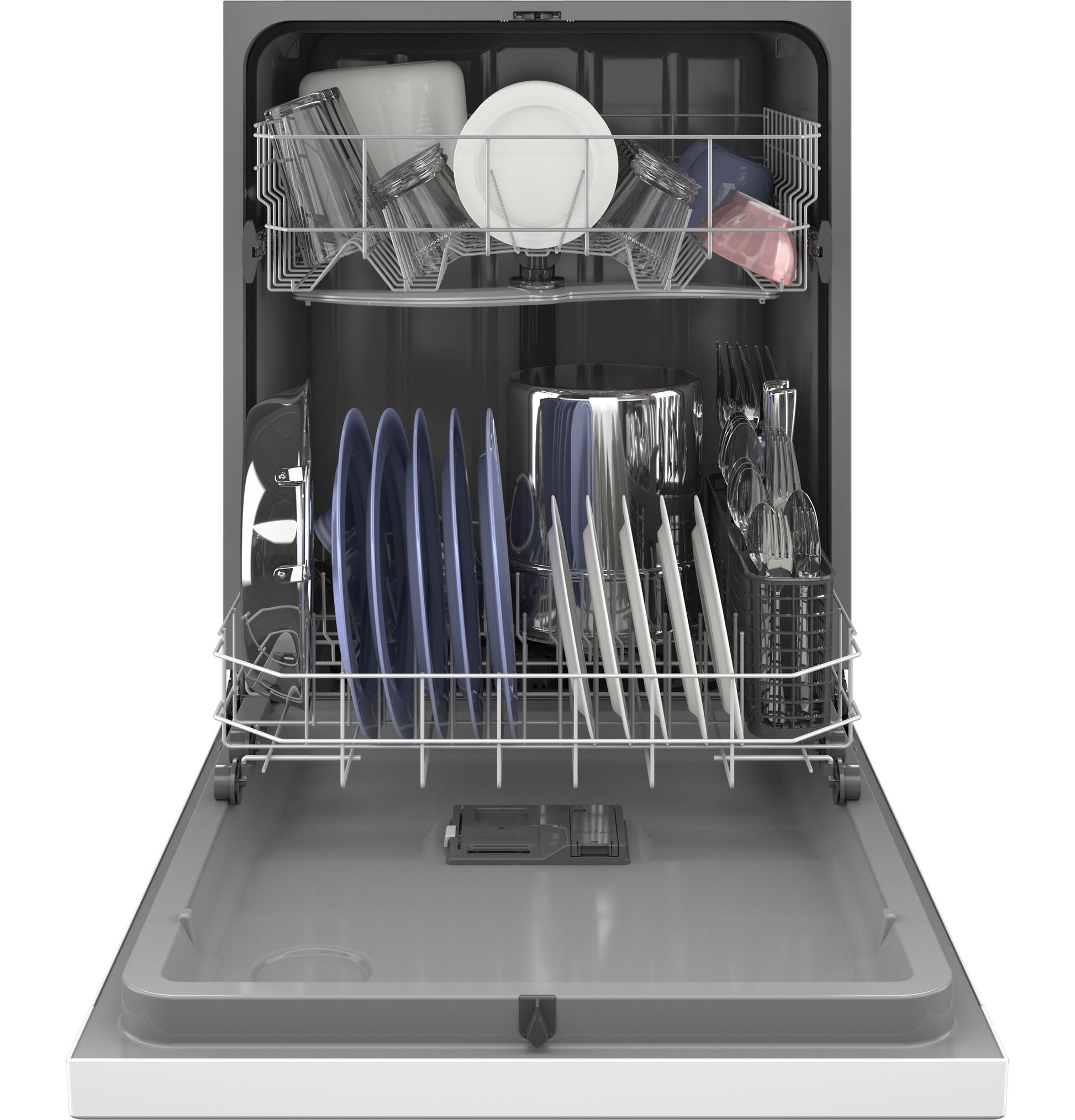 Open GE® dishwasher with front controls loaded with dishes, glasses, and utensils in kitchen appliances collection