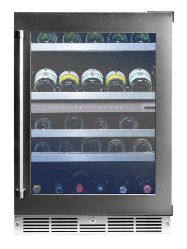 Stainless steel 24-inch under counter wine cellar with glass door and multiple horizontal storage shelves in Appliances collection