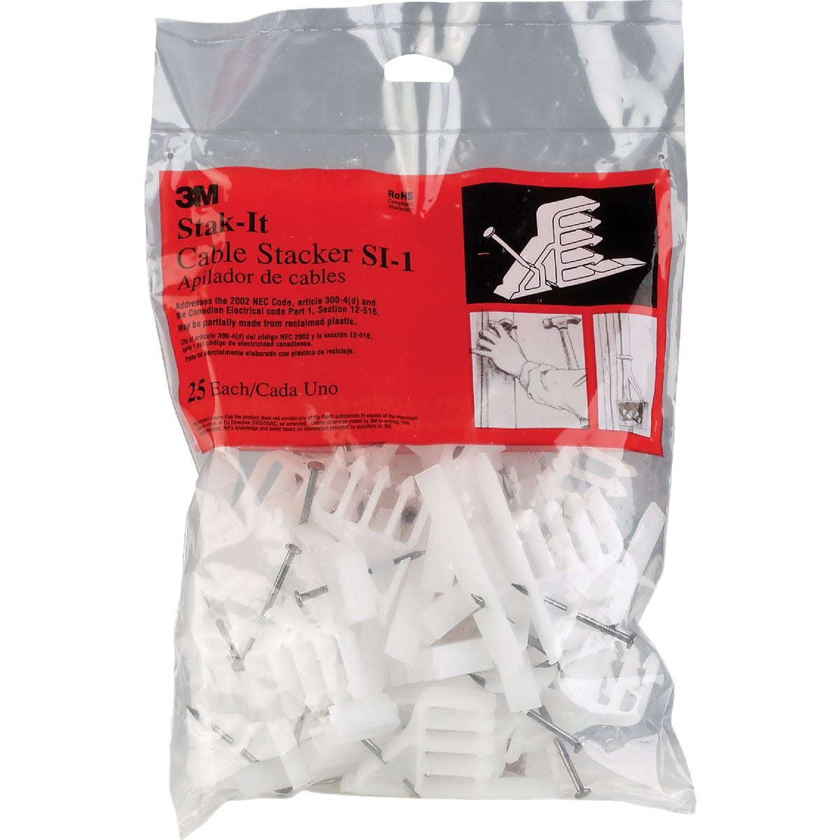 Clear plastic bag containing 25 white cable stackers with attached nails for electrical wire organization and home improvement tasks