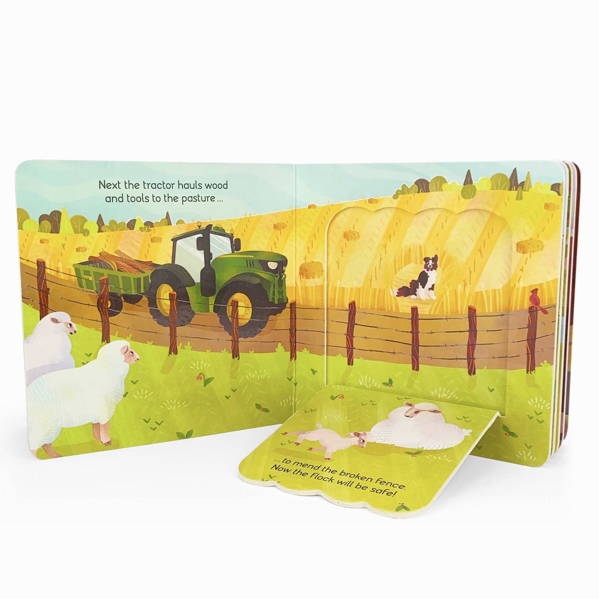 Illustrated children's board book showing a green tractor hauling wood with sheep and a dog in a rural farm setting