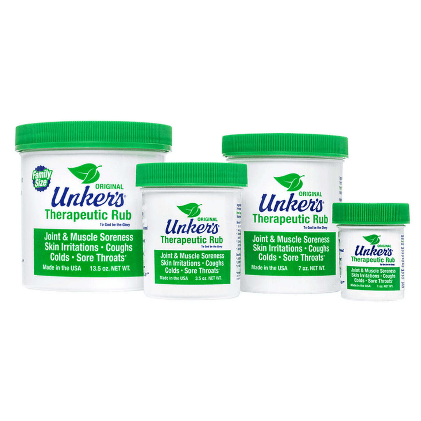 Four different sizes of white and green containers for soothing joint, muscle pain, and skin irritations in Health & Beauty collection