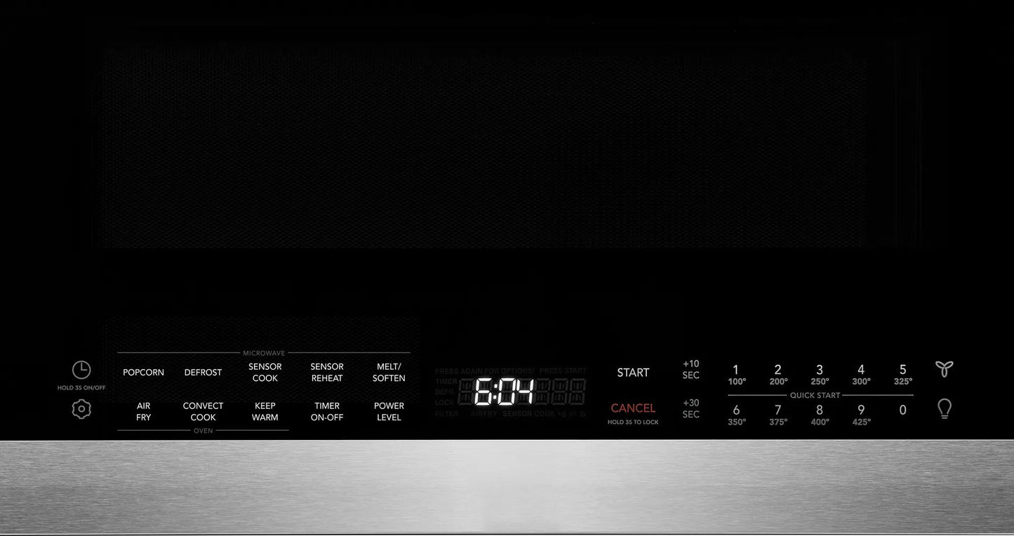 Control panel of a stainless steel microwave with air fry and multiple cooking functions in kitchen appliances collection